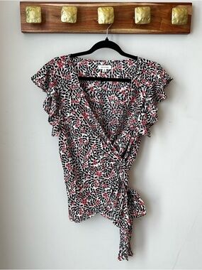 Max Studio Black, White & Pink Floral Wrap Blouse